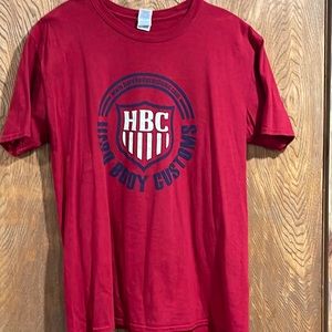 Mens XL, red tshirt with car shop  logo